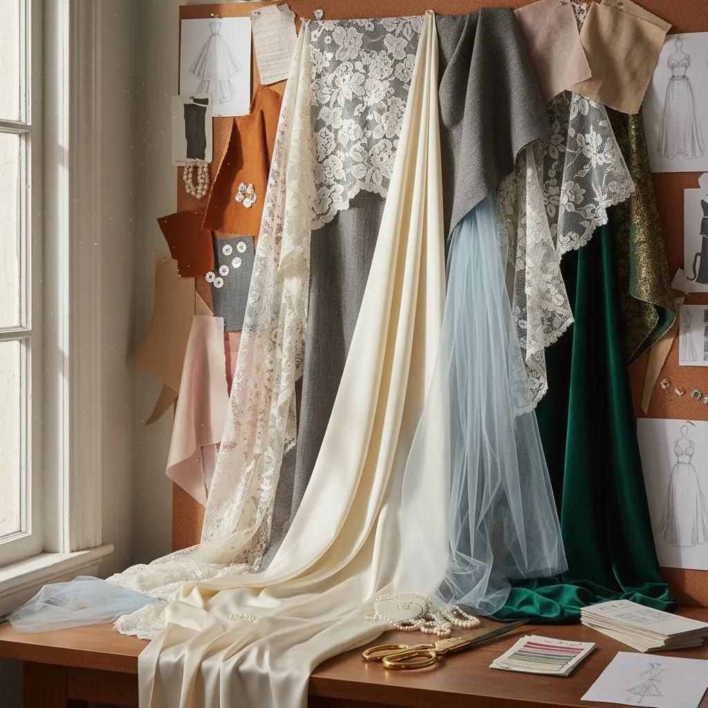 An inspiring mood board of luxury bridal fabrics, including French lace, silk, and tulle, arranged with design sketches for a custom wedding dress collection.