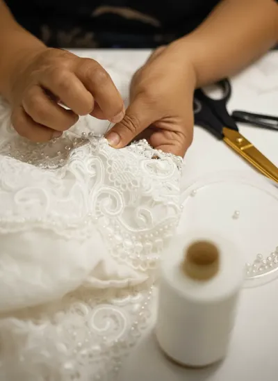 Mani artigiane cuciono meticolosamente a mano perle su un'intricata applicazione di pizzo per un abito da sposa all'ingrosso.