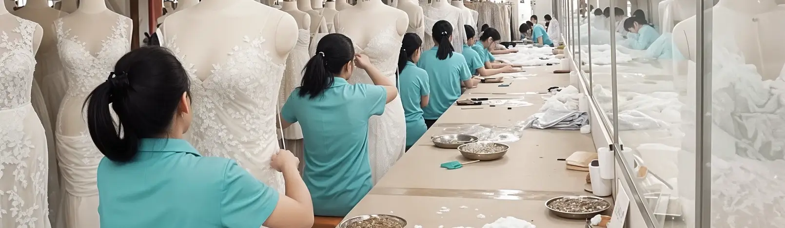 A team of artisans working together on the production line inside the AiDo bridal factory, used as a background image for the "Let's Build Something Together" call to action.