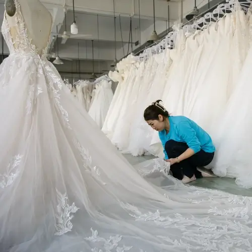 Professional wedding dress factory worker adjusting a luxury bridal gown with a massive lace train.