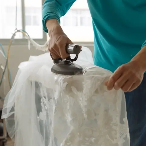 Bridal factory worker steaming and pressing a finished high-quality wedding gown.